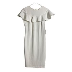 NWT Calvin Klein Ruffle Trim Midi Sheath Dress White Women's US 2 Formal Office